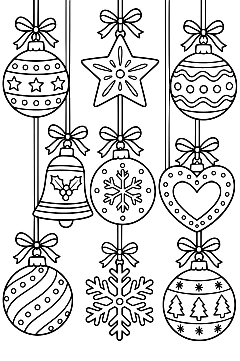 Hanging Christmas ornaments shaped like baubles, a star, a bell, a heart, and a snowflake, decorated with bows and festive patterns.