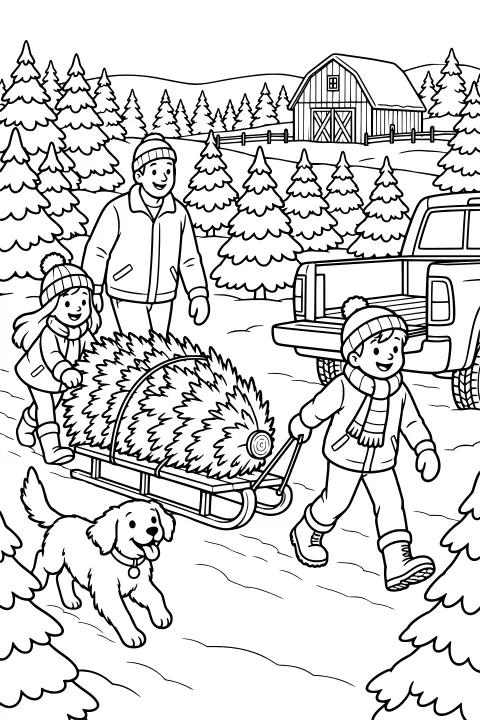 Bundled people pulling a cut evergreen on a sled past a pickup truck, accompanied by a running dog in a snowy tree farm with a barn.