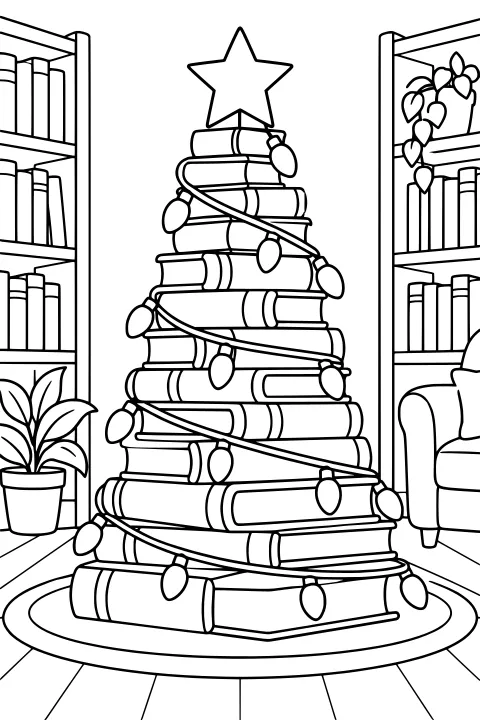 Stacked books arranged as a Christmas tree with a star topper and bulb lights, standing on a round rug between bookcases, plants, and an armchair.