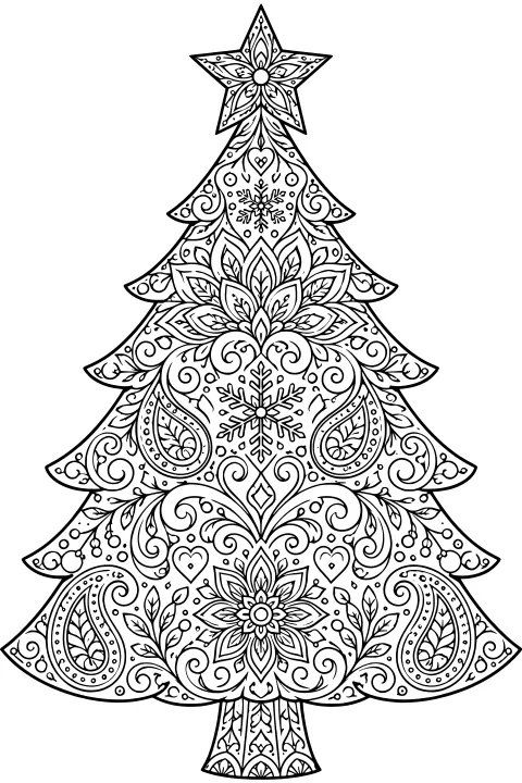 Ornate Christmas tree line art filled with floral mandala designs, snowflakes, paisley shapes, hearts, curling vines, dots, and a patterned star topper.