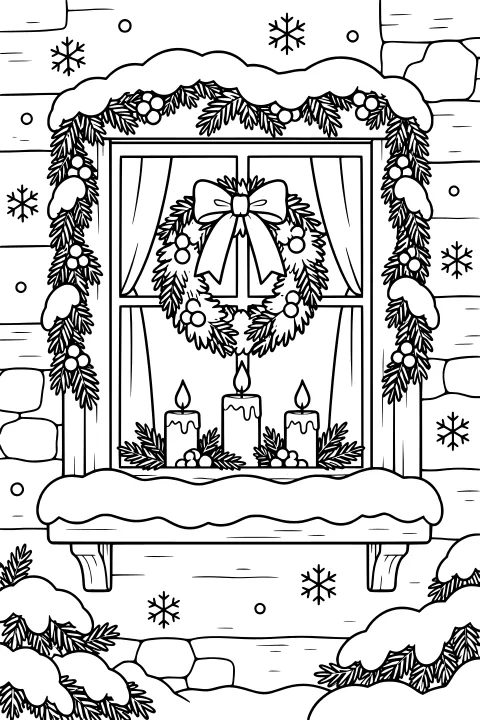 Snowy window framed with evergreen garland, a bow-topped wreath, candles, curtains, berry clusters, and snowflakes against a masonry wall.