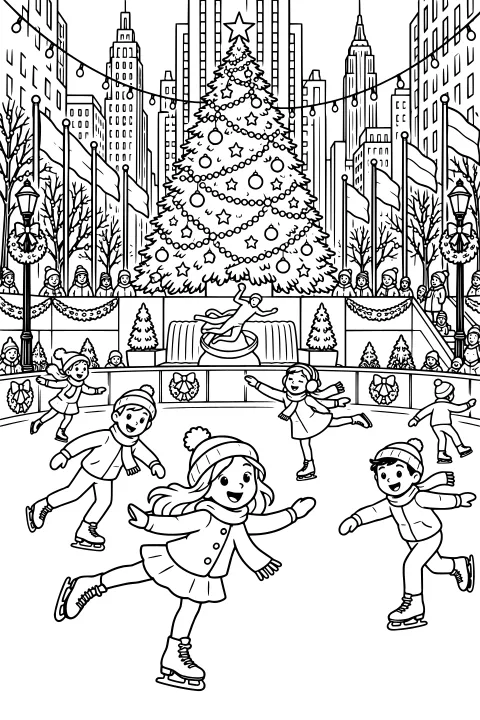 Skaters on an outdoor ice rink beneath a large decorated Christmas tree, surrounded by city buildings, lights, flags, wreaths, spectators, and a skating statue.