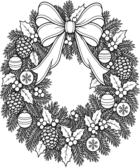 Detailed evergreen wreath with a large bow, pinecones, holly leaves, berries, and striped or snowflake-decorated ornaments.