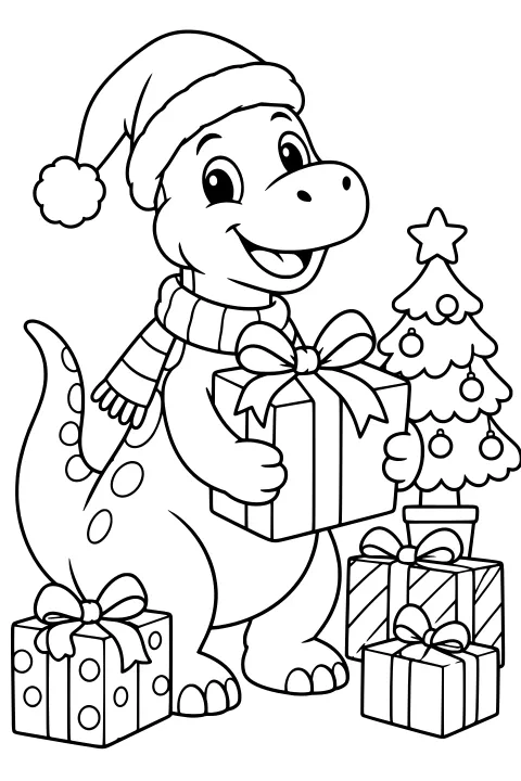 Dinosaur wearing a Santa hat and scarf while holding a ribbon-tied gift beside a decorated Christmas tree and more presents.