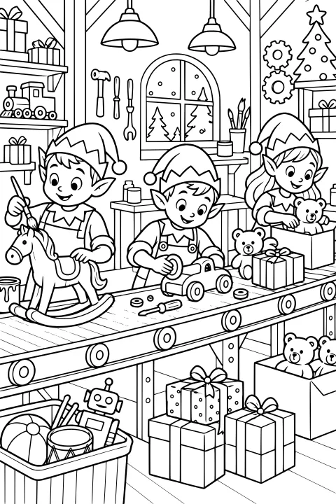 Elves assemble a rocking horse, toy car, teddy bear, and gifts along a conveyor belt inside a workshop filled with tools and toys.