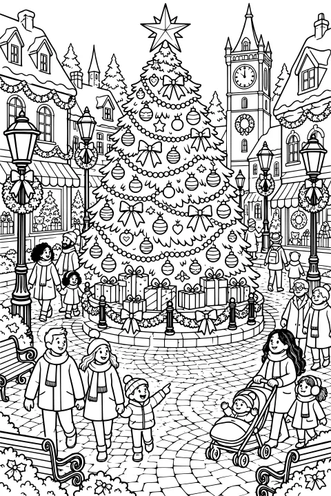 Giant decorated Christmas tree surrounded by gifts and families in a snowy town square with street lamps, shops, benches, and a clock tower.