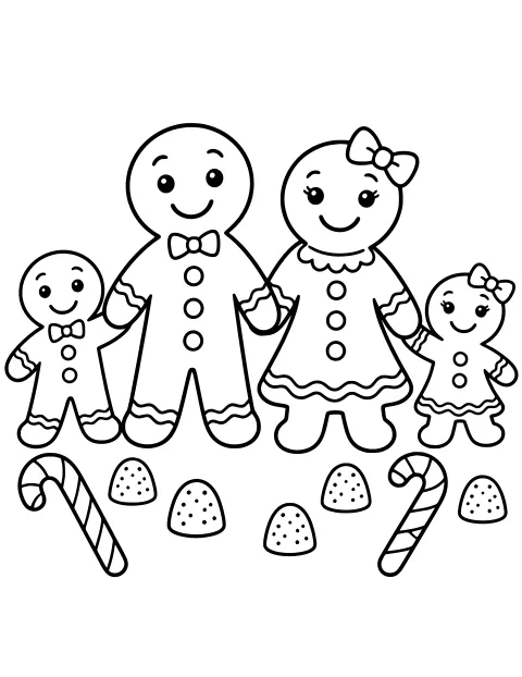 Gingerbread family holding hands above candy canes and dotted gumdrops, with bows, buttons, scalloped collars, and wavy icing trim.