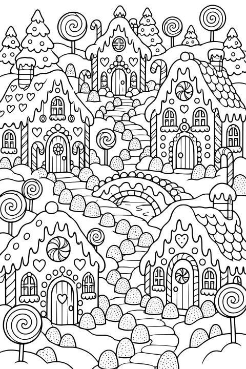 Gingerbread houses with icing roofs beside winding paths, gumdrops, candy canes, lollipops, evergreen trees, and an arched bridge over a stream.