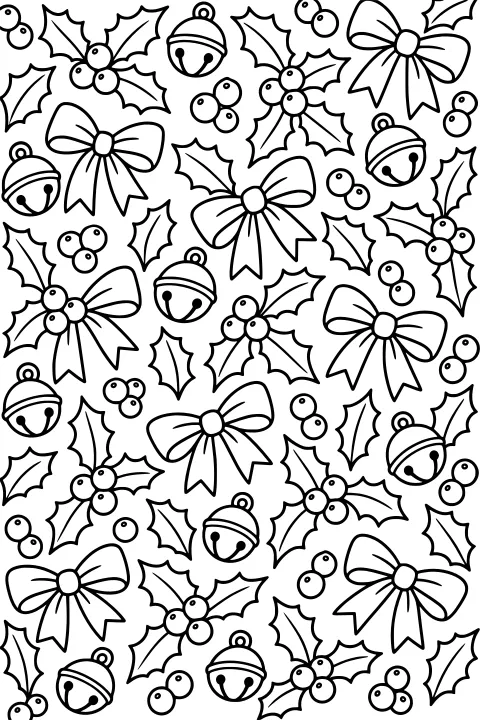 Repeating black-and-white pattern of holly sprigs, berry clusters, ribbon bows, and jingle bells.