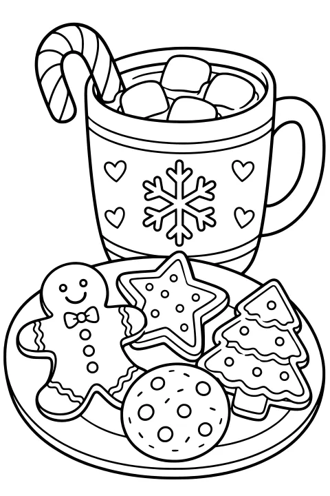 Mug with marshmallows and a candy cane behind a plate of gingerbread, star, tree, and round cookies, with a snowflake and hearts decorating the mug.