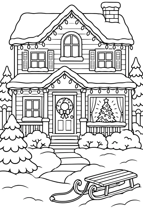 Snow-covered house with holiday lights, a door wreath, a decorated tree in the window, evergreen trees, shrubs, a walkway, and a sled.
