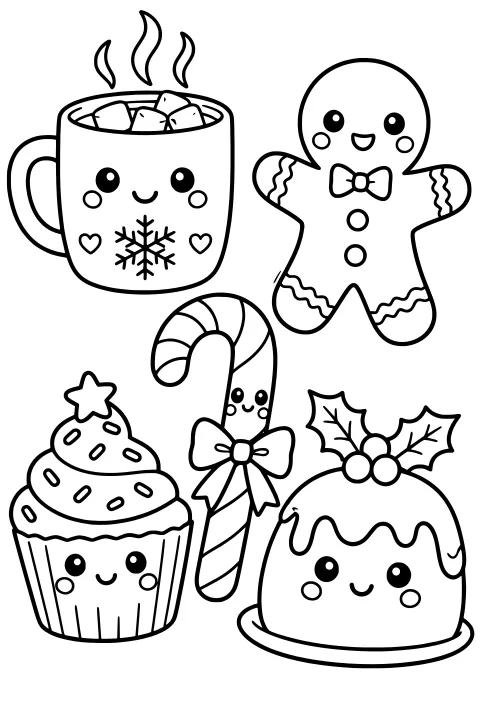 Kawaii Christmas treats with a steaming marshmallow mug, gingerbread cookie, bow-tied candy cane, frosted cupcake, and holly-topped pudding.