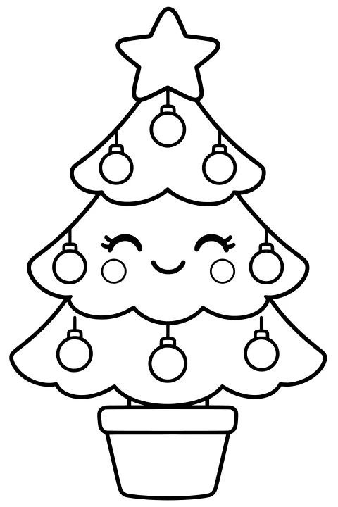 Kawaii potted Christmas tree with layered branches, round hanging ornaments, a curved face, cheek circles, and a star topper.
