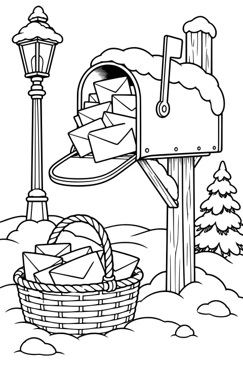 Open snow-covered mailbox overflowing with envelopes, with a basket of mail below, a lamppost, fence post, evergreen tree, and snowy ground.