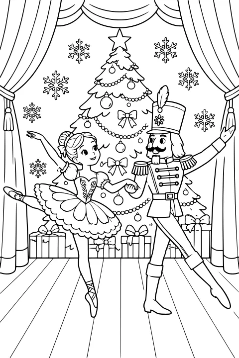 Ballerina and nutcracker performing on a curtained stage before a decorated Christmas tree, wrapped gifts, snowflakes, bows, ornaments, and a hanging star.