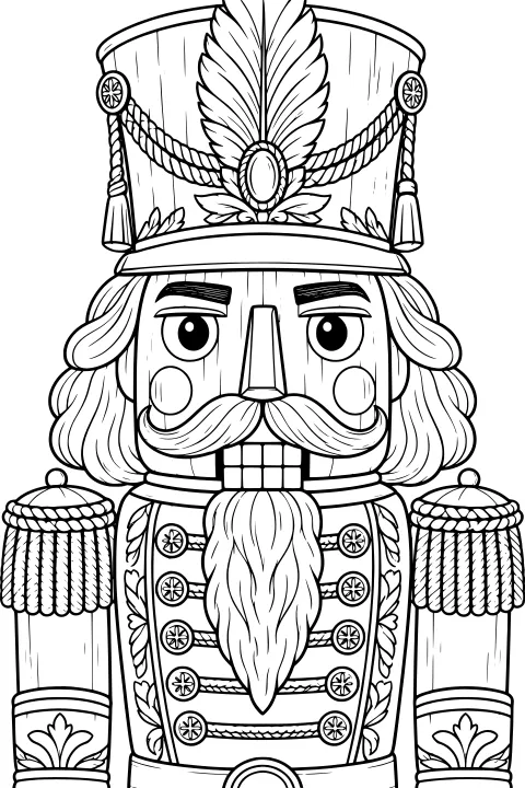 Black-and-white line art of a nutcracker soldier with a feathered hat, curled mustache, long beard, braided cords, buttons, and fringed shoulders.
