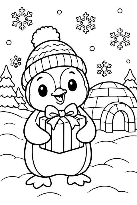 Penguin wearing a pom-pom winter hat and holding a ribbon-wrapped present in front of an igloo, evergreen trees, snowdrifts, and snowflakes.
