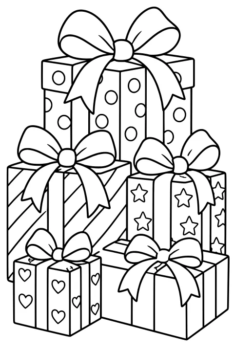 Stacked gift boxes with large ribbon bows and wrapping paper patterns of polka dots, diagonal stripes, stars, and hearts.