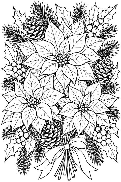 Large poinsettia blooms arranged with holly leaves, berry clusters, pinecones, evergreen branches, and a tied ribbon.