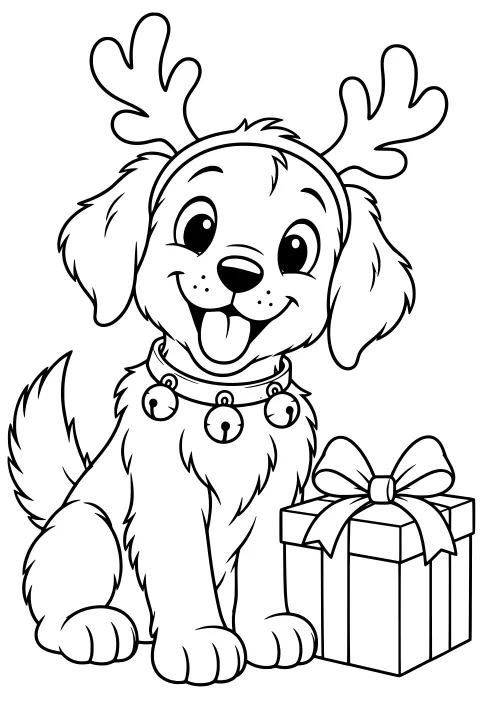 Seated puppy with floppy ears, a raised tail, reindeer-antler headband, bell collar, and tongue showing, next to a ribbon-wrapped gift box.