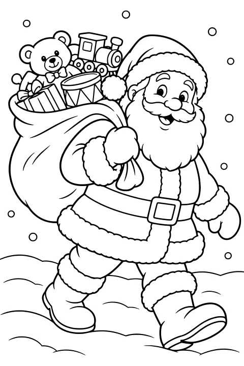 Santa walking through snow with a large sack holding a teddy bear, wrapped present, drum, and toy train, with falling snow around him.