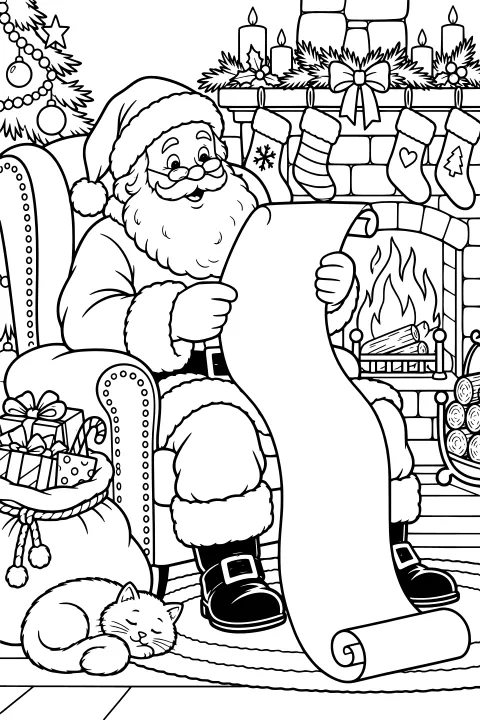 Santa reading a long scroll in an armchair beside a decorated fireplace, Christmas tree, gifts, stacked logs, and a sleeping cat.