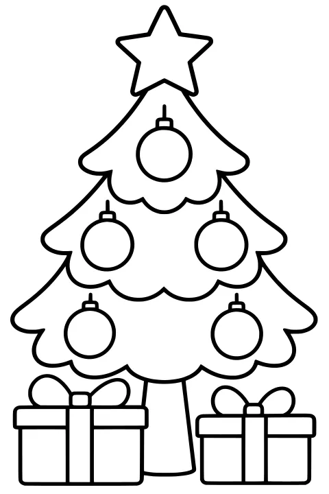 Simple Christmas tree with a star, round hanging ornaments, layered branches, a central trunk, and wrapped gifts with bows at the base.