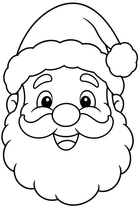 Close-up line art of Santa Claus with a curved hat, fluffy pom-pom, rounded eyes, large nose, curled mustache, open mouth, and full beard.