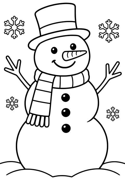 Simple snowman wearing a tall top hat and striped scarf, with a carrot nose, branch arms, round buttons, surrounding snowflakes, and snow at the base.