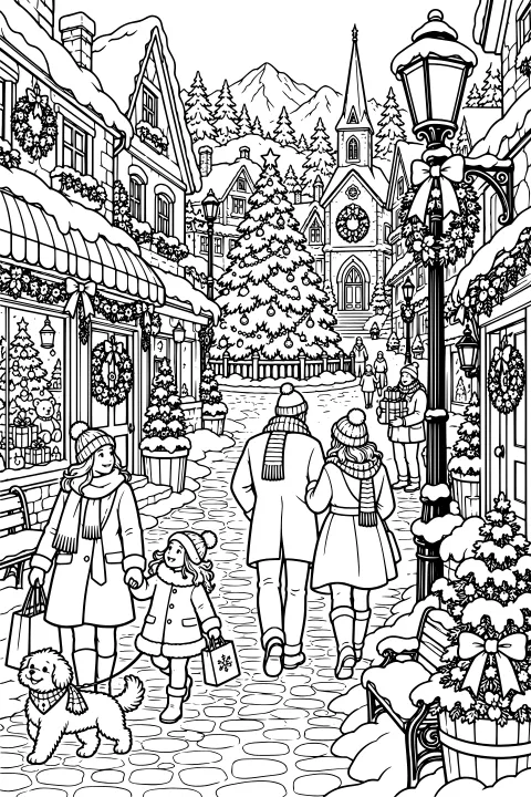 Snow-covered village street with decorated shops, bundled pedestrians, a dog, lamppost wreaths, a large Christmas tree, and a church beneath mountain peaks.