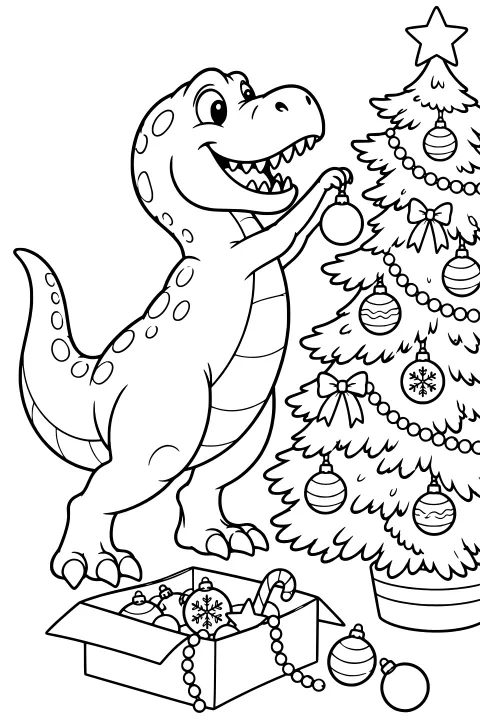 Line art of a T-Rex hanging a round ornament on a Christmas tree decorated with a star, bows, bead garlands, and patterned baubles.