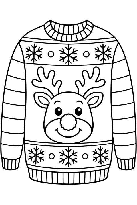 Christmas sweater line art with a reindeer face, antlers, snowflakes, circular accents, striped sleeves, and ribbed trim.