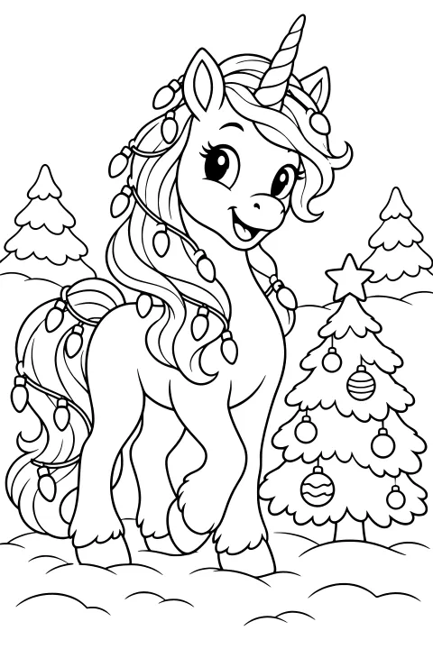 Horned unicorn wrapped in bulb strands beside a star-topped evergreen with ornaments, surrounded by snow and evergreen trees.