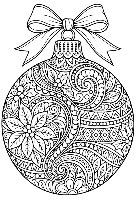 Round Christmas ornament with a large ribbon bow, scalloped cap, flowers, leaves, paisley spirals, dotted borders, and geometric bands in detailed line art.