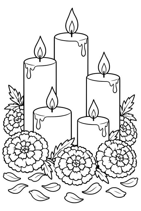 Pillar candles with dripping wax and flames arranged among large marigold blossoms, leafy sprigs, and loose petals along the bottom.
