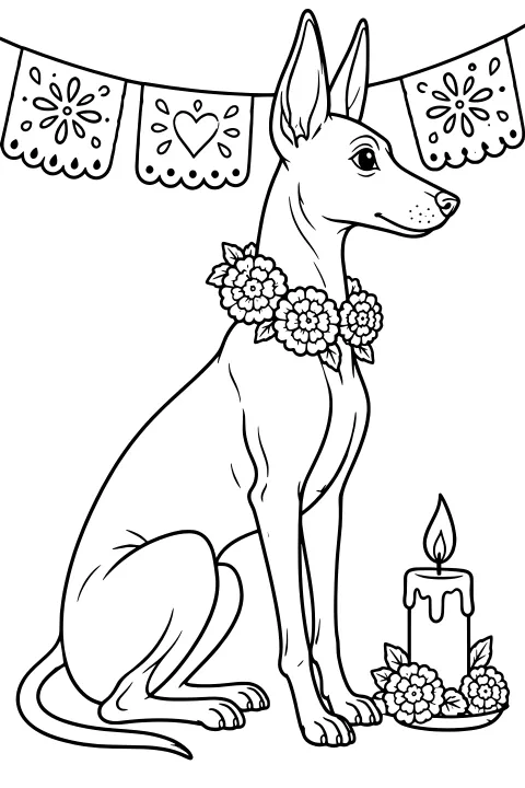 Seated hairless dog wearing a marigold collar, with decorative cut-paper banners overhead and a lit candle surrounded by flowers near the front paws.