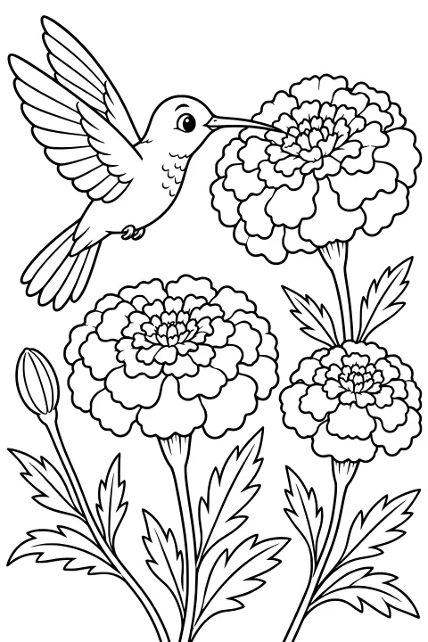 Hovering hummingbird with spread wings reaching into a marigold, surrounded by layered blooms, stems, pointed leaves, and a closed bud.