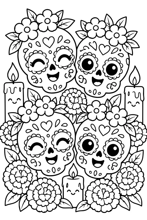 Kawaii sugar skull friends surrounded by layered flowers, leafy sprigs, heart motifs, and smiling candles with flames.