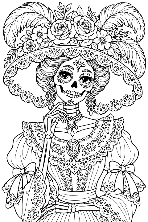 La Catrina wearing an ornate hat covered with roses, blossoms, leaves, sweeping feathers, and lace, with jewelry and a flower-trimmed dress.