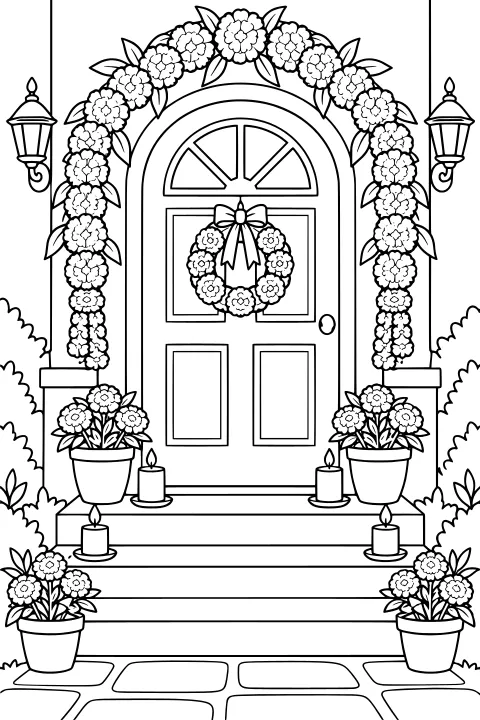 Rounded front door beneath a marigold arch, surrounded by a floral wreath, potted flowers, candles, lanterns, steps, and shrubs.