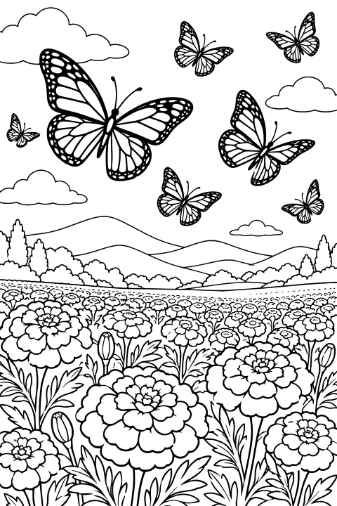 Monarch butterflies flying over a field of large marigold blooms, leafy stems, rolling hills, shrubs, and rounded clouds.