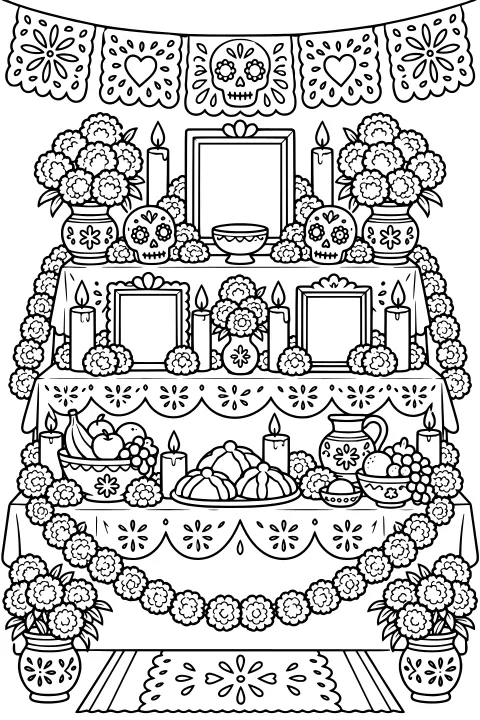 Tiered ofrenda altar decorated with candles, flower vases, skull ornaments, blank frames, fruit, bread, pottery, papel picado, and looping floral garlands.