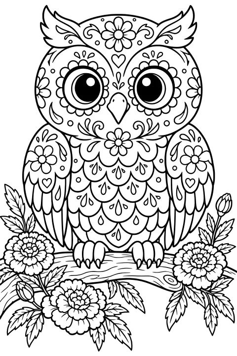 Ornate owl with floral, heart, teardrop, and curled patterns perched on a branch surrounded by blossoms and leaves.