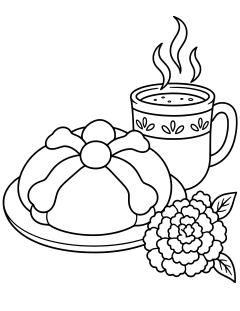 Decorated pan de muerto on a plate beside a steaming mug of hot chocolate, a layered flower, and veined leaves.