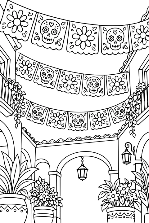 Papel picado banners with flower and decorated skull motifs hanging above a courtyard with arches, lanterns, vines, potted plants, and blossoms.