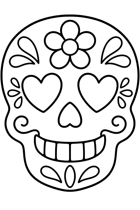 Simple sugar skull with heart-shaped eyes, a forehead flower, heart-shaped nose, curled cheek marks, teardrop decorations, and a broad grin.