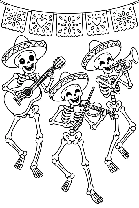 Skeleton musicians in wide-brimmed hats playing guitar, violin, and trumpet beneath a decorative cut-paper banner.
