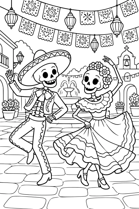 Dancing skeletons in decorated clothing beneath papel picado and lanterns, with a fountain, flowers, stone plaza, and arched buildings behind them.