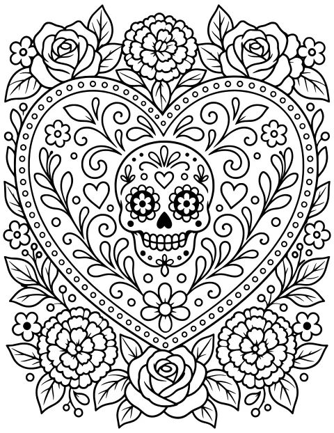 Floral-eyed sugar skull centered in an ornate heart with curling vines, leaves, dots, small hearts, roses, and layered blossoms.