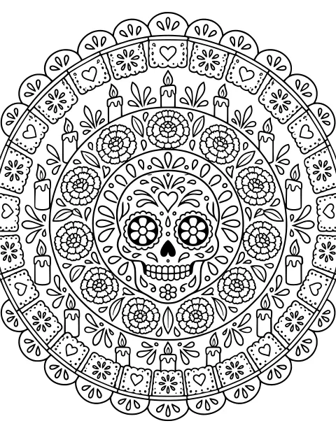 Decorated sugar skull centered within circular bands of flowers, leafy sprigs, burning candles, hearts, floral panels, and scalloped edging.